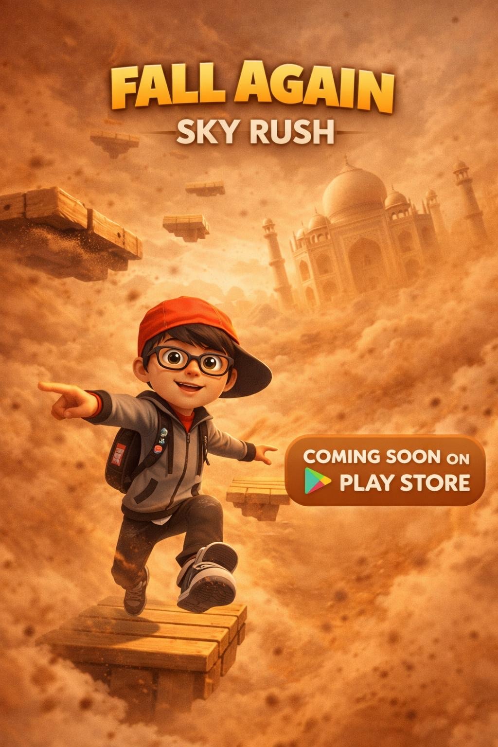 Fall Again: Sky Rush ana görseli: kırmızı şapkalı bir çocuk, çöl fırtınasında havada asılı tahta platformlar arasında zıplıyor
